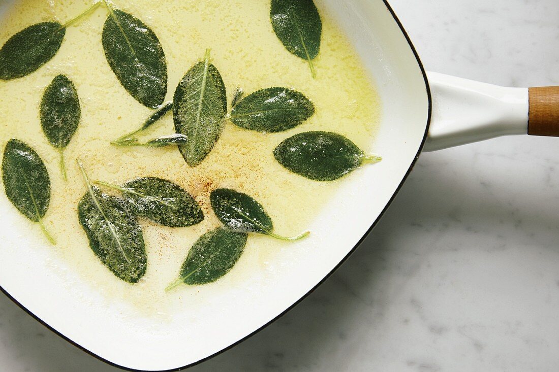 Sage butter in a pan (seen from above)