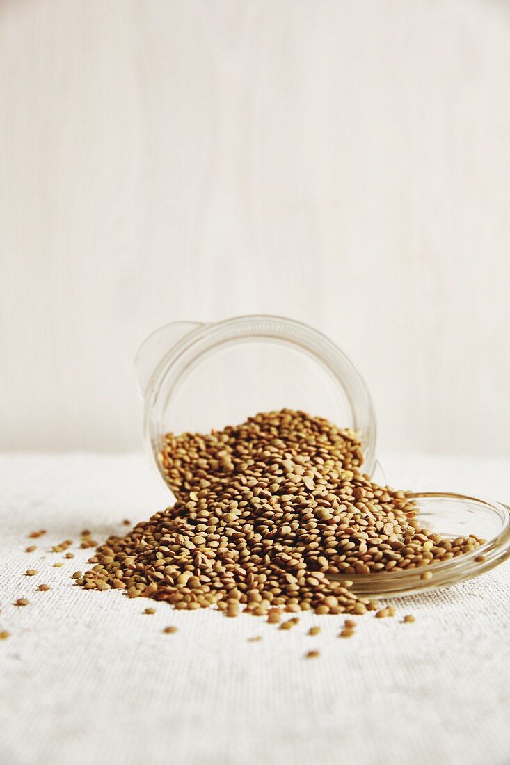 A tipped-over glass jar of brown lentils