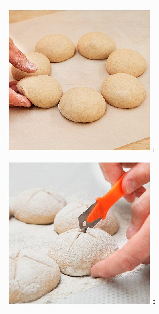 A wreath of Swiss bread rolls being shaped and scored