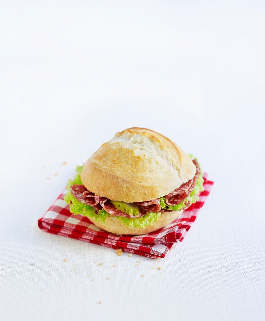A salami roll with pickled gherkins