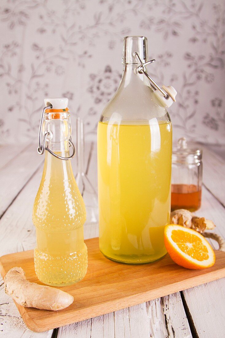 Homemade ginger syrup with orange and honey