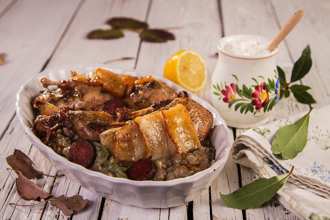 Duck with lentils and bacon