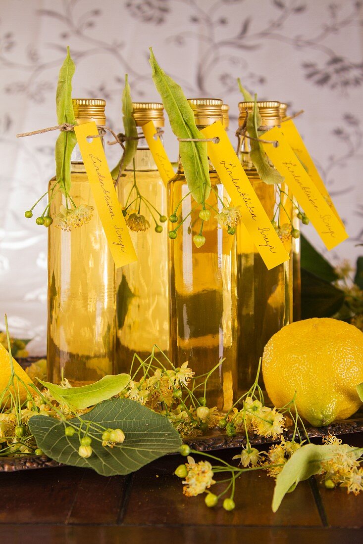 Homemade lime blossom syrup for gifting