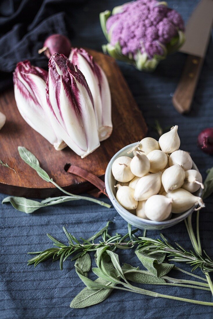 White onions, radicchio and purple cauliflower