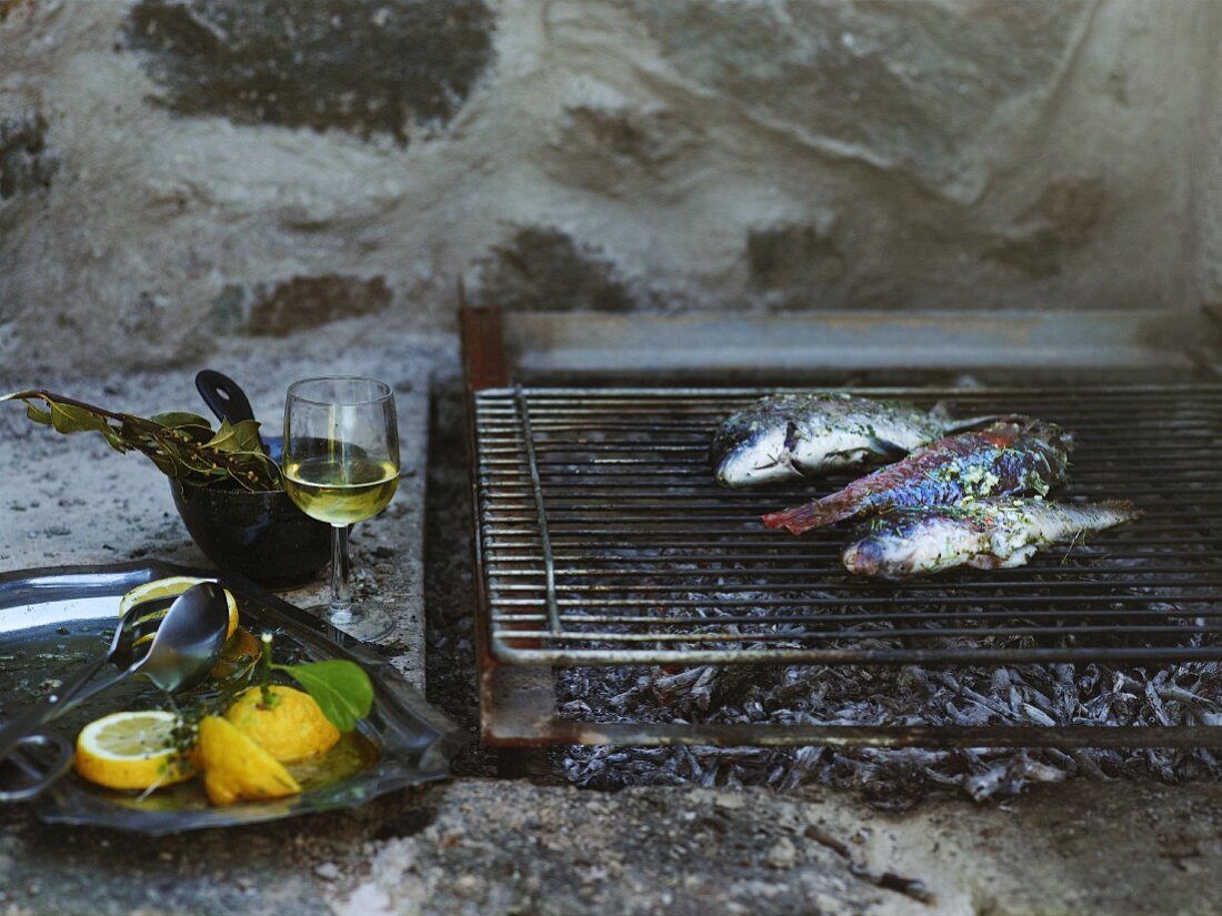 Fische auf dem Holzkohlengrill