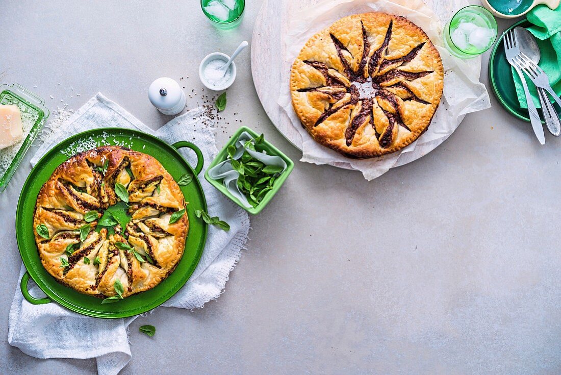 Pinwheel Puff Pastry Pie with Bacon, Olives and Pesto and Chocolate Hazelnut Pie