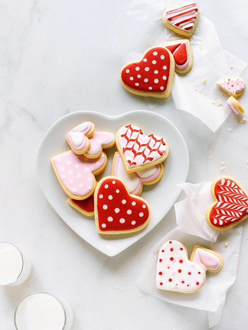 Valentine's heart shaped cookies on heart shaped plate
