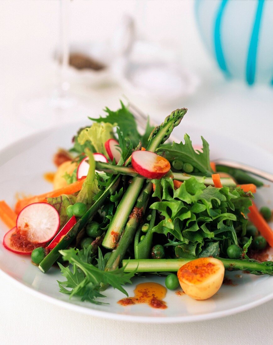 Frühlingssalat mit grünem Spargel, Radieschen, Erbsen und Karotten