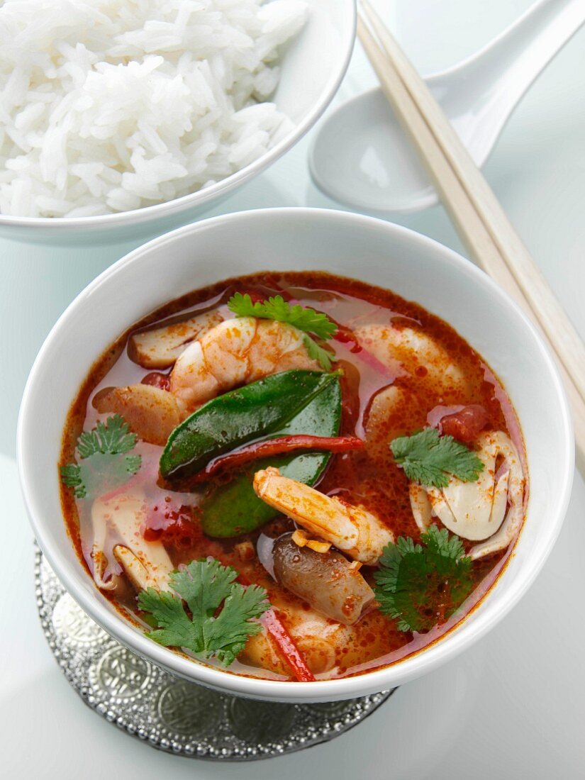 A bowl of Tom Yam Thai seafood soup