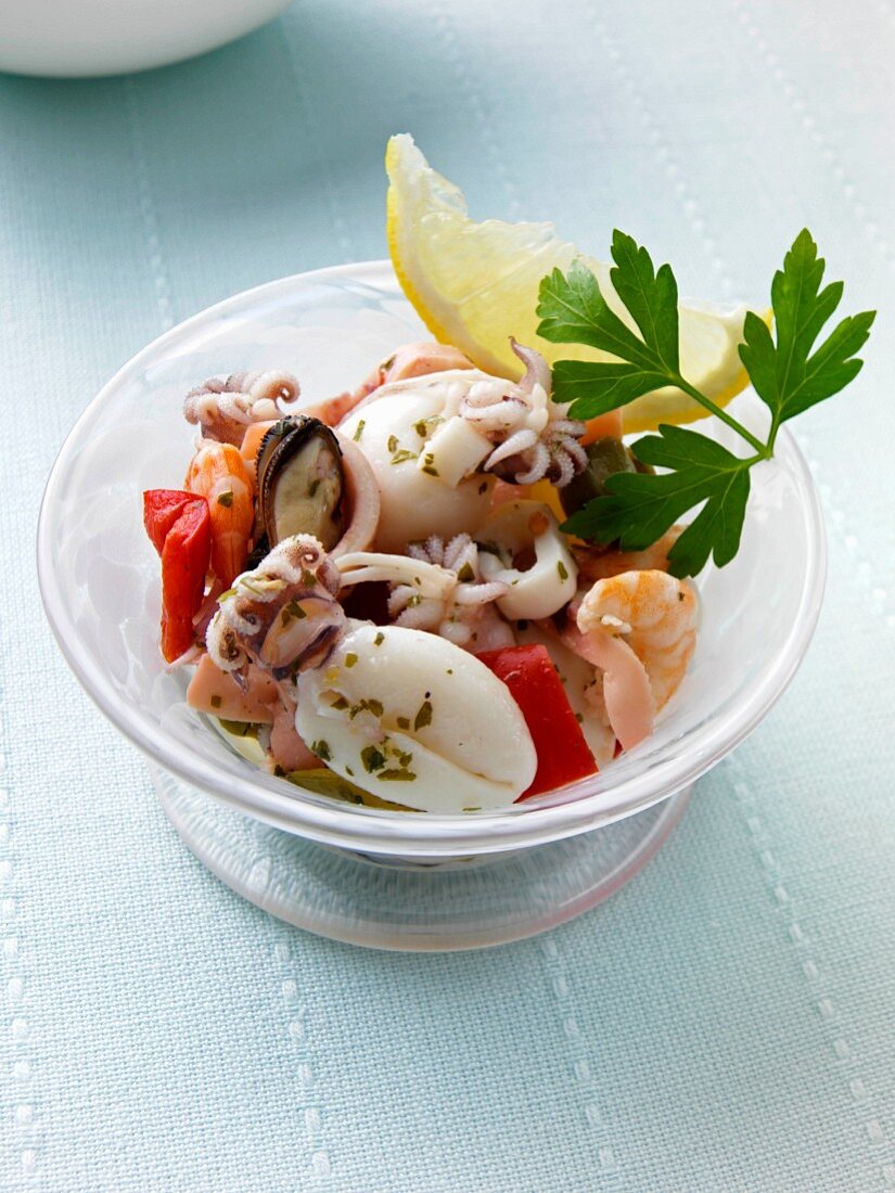 A bowl of seafood salad