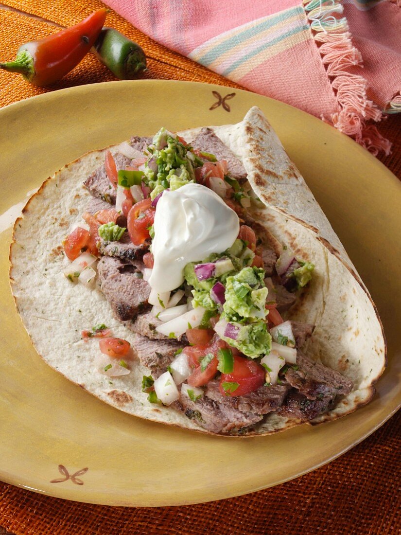 A plate with a beef fajita