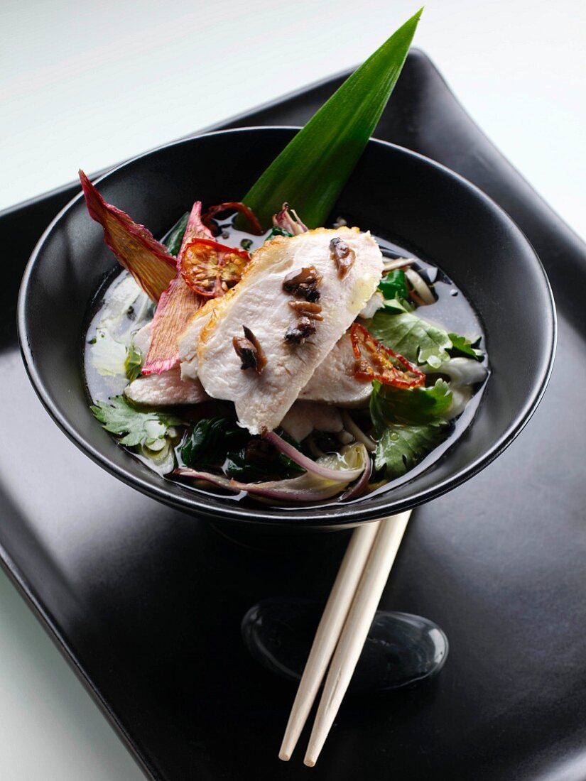 Kurzgebratenes Hühnerfleisch mit Soba-Pilznudeln in Grüntee-Brühe (Japan)