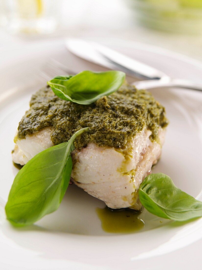 A single serving of pesto fish