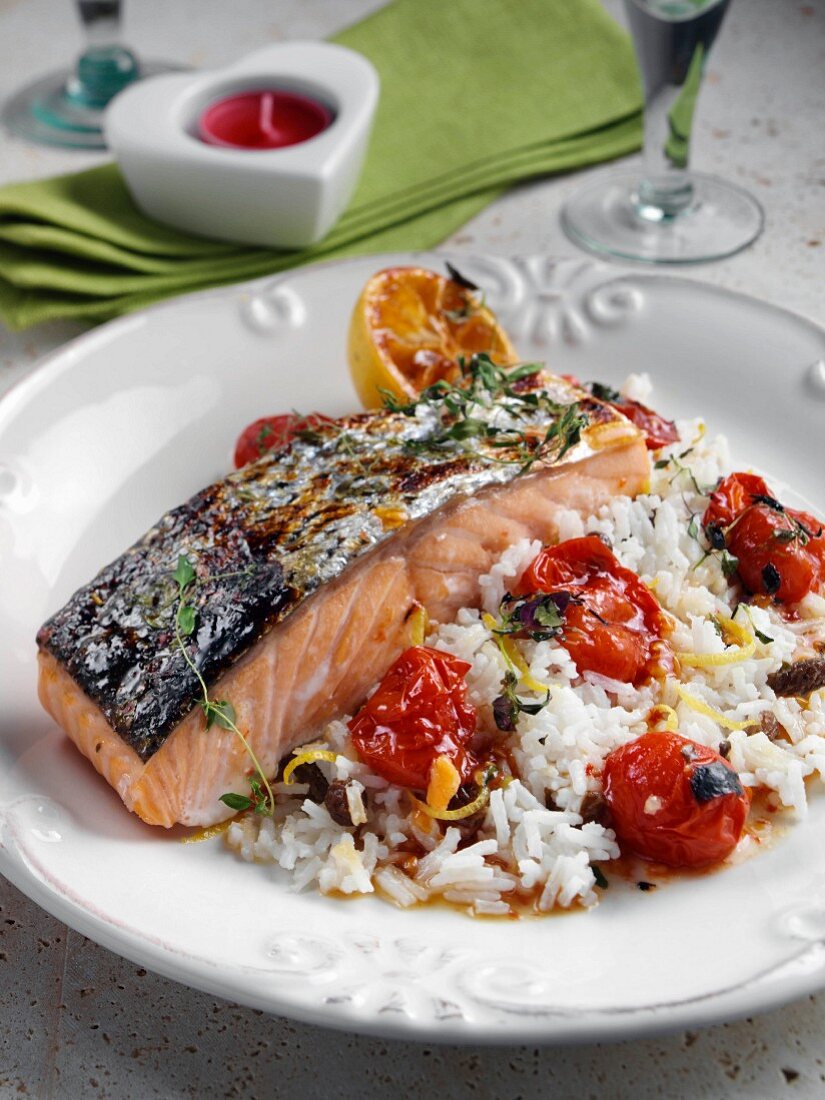Roasted Salmon with cherry tomatoes and coconut rice
