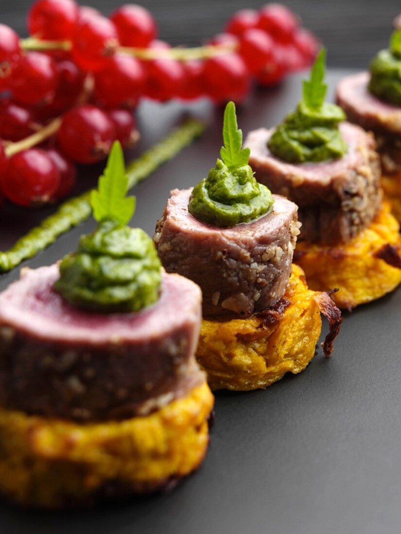 Lamb on a sweet potato rosti with salsa verde