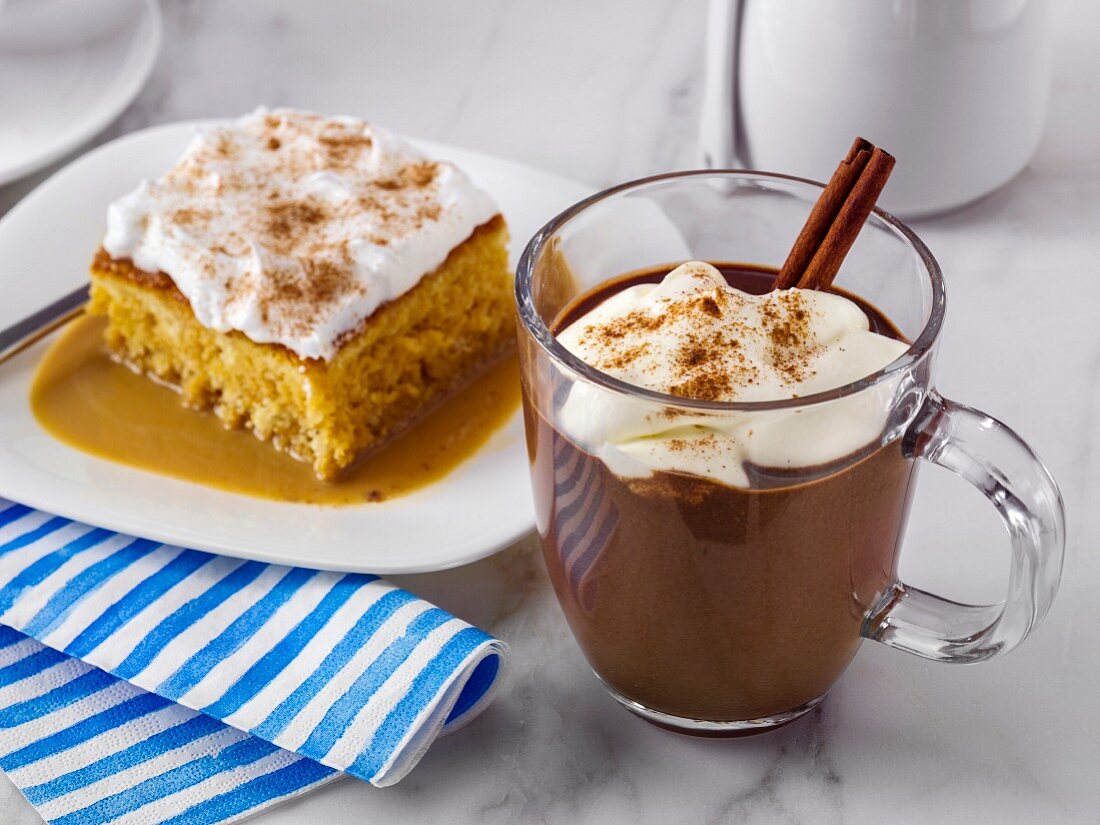 Hot chocolate and Dulce de leche Tres Leches