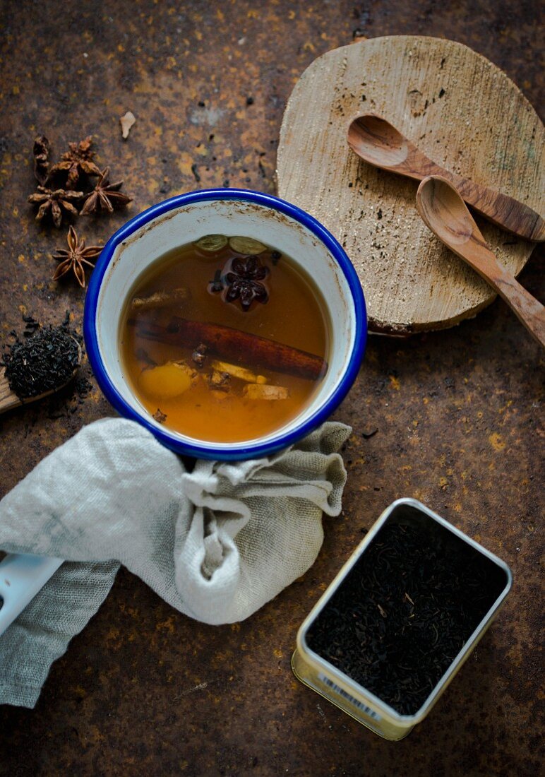 A cup of chai with spices