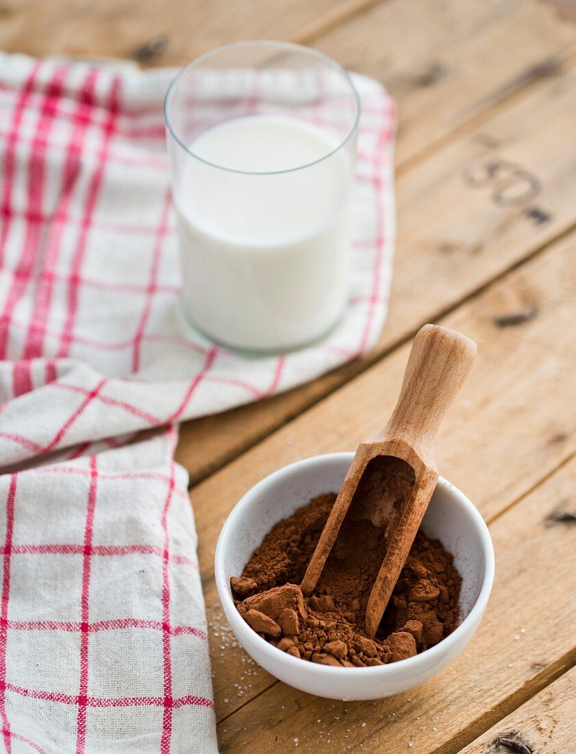 A glass of milk and cocoa powder