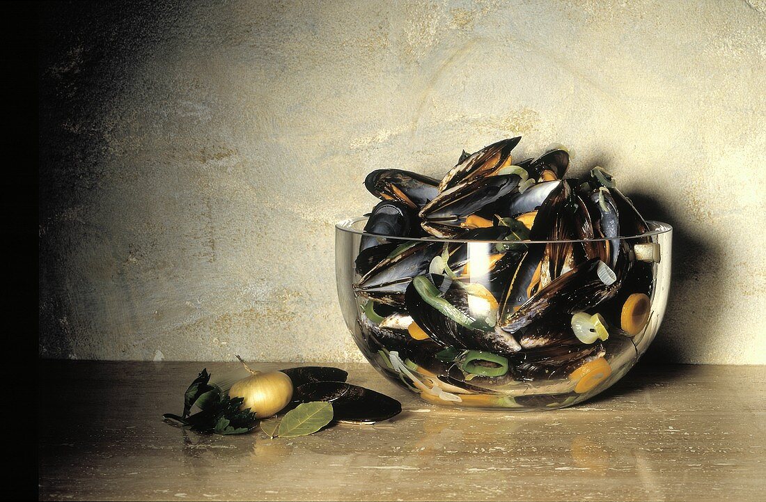 Cooked Blue Mussels in Glass Bowl
