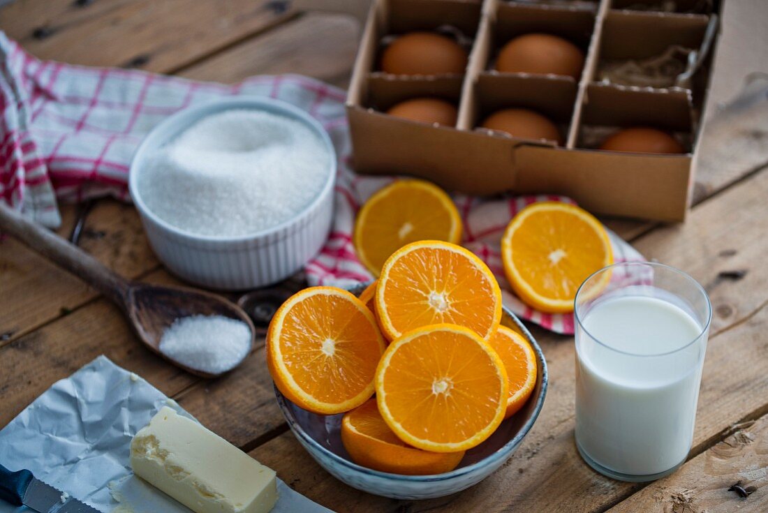 Ingredients for making an orange cake
