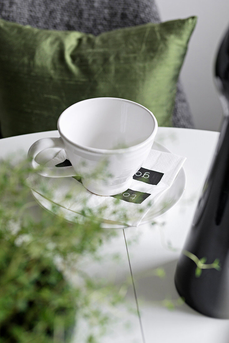 Cup and saucer on table with green cushion in background