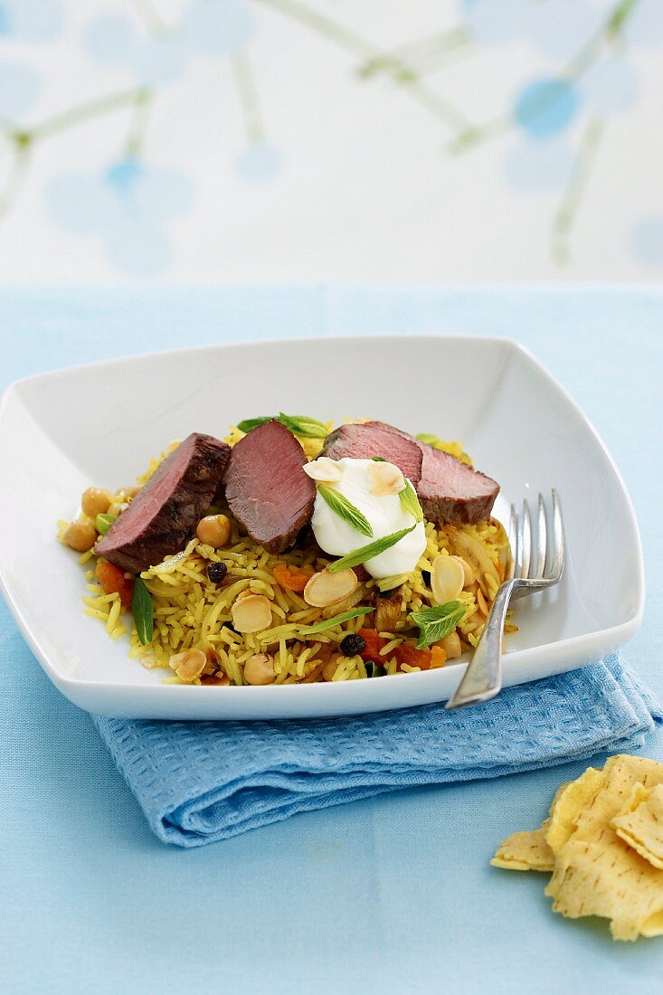 Moroccan lamb backstraps with pilaf