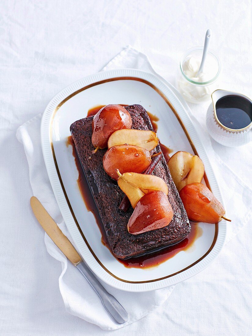 Coffee Syrup Cake with Poached Pears