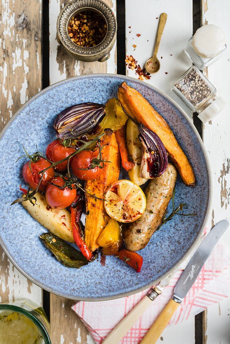 Oven roasted vegetables with sausages