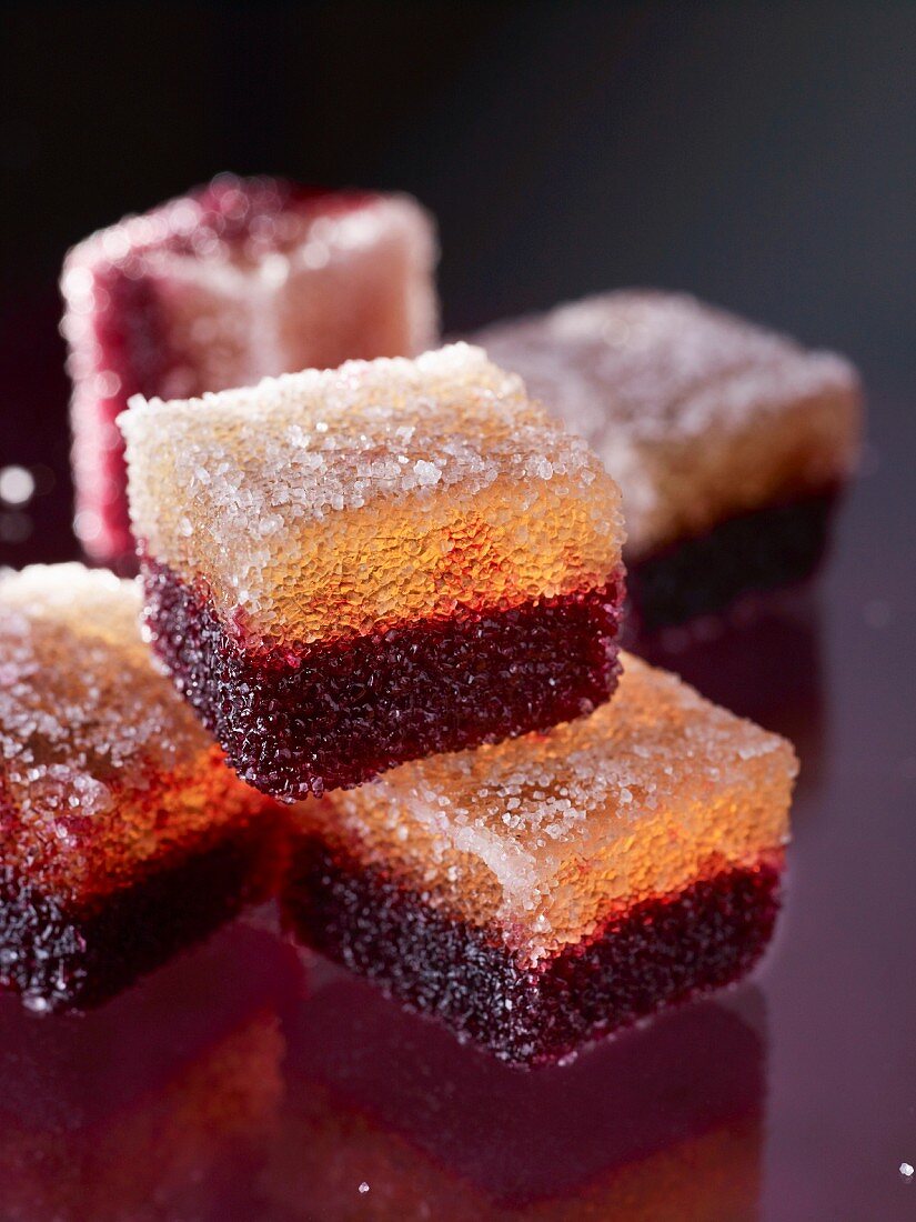 Several fruit jelly cubes (close-up)