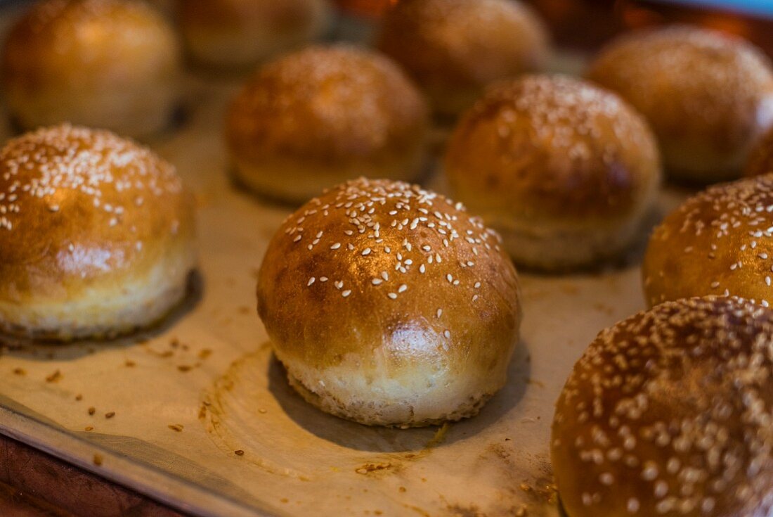 Mehrere Sesambrötchen auf Holzbrett