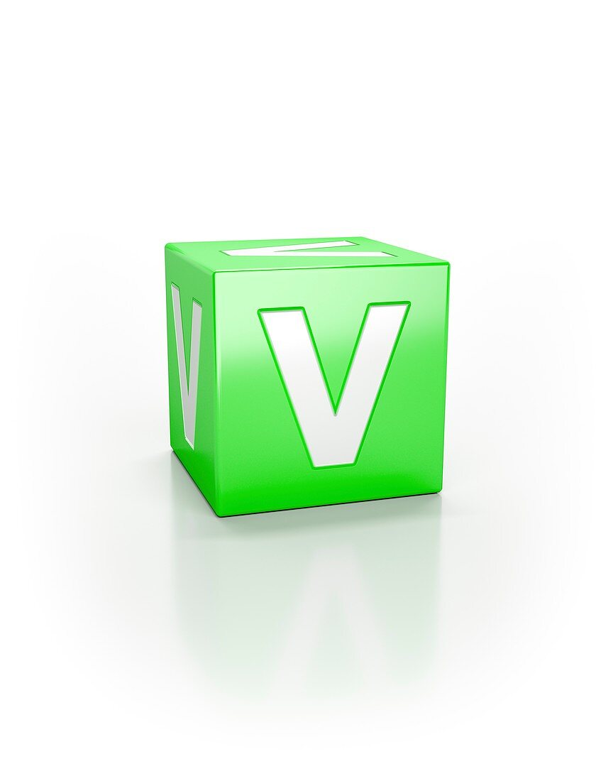 Green cube with letter V.