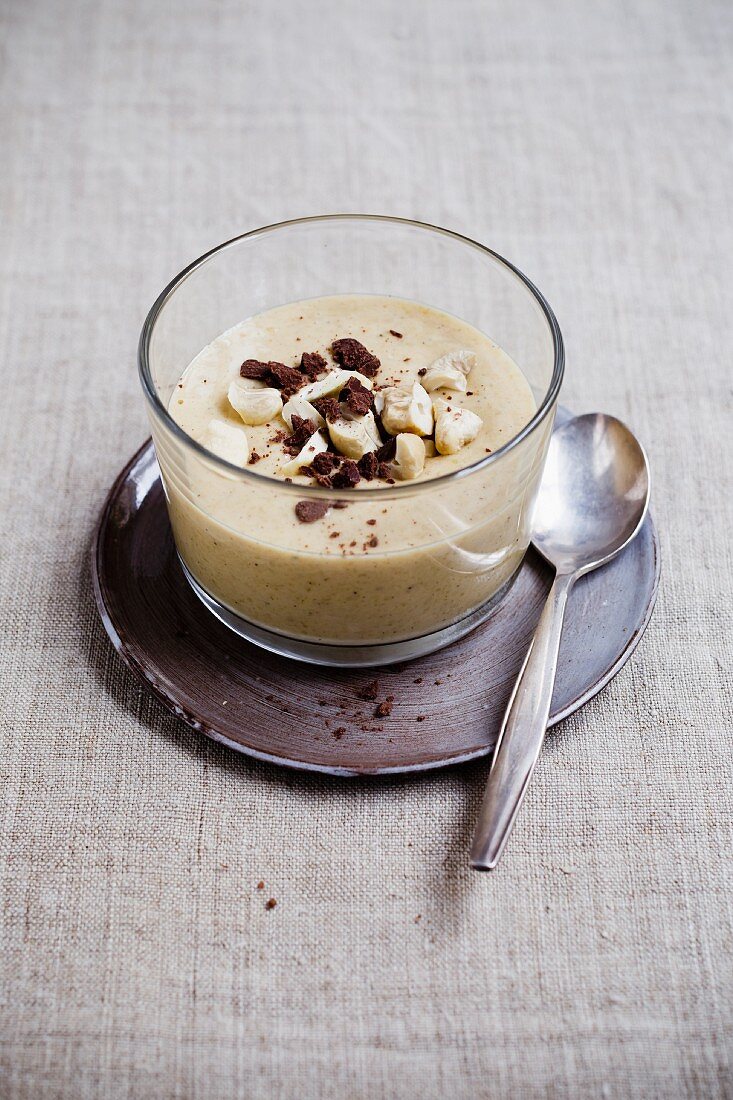 Cashew pudding topped with chocolate chunks