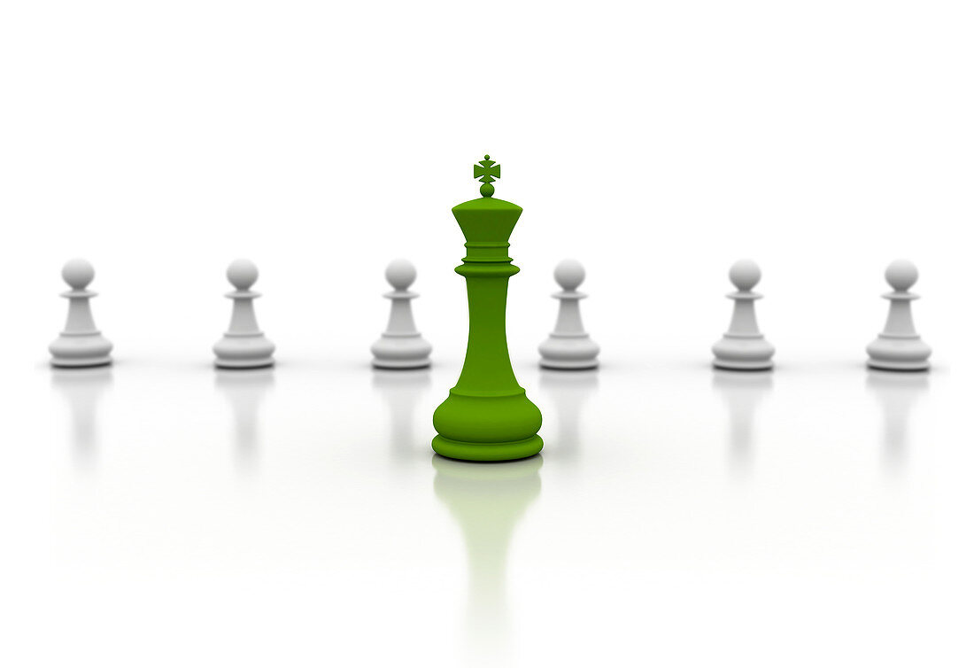 Green chess piece and pawns