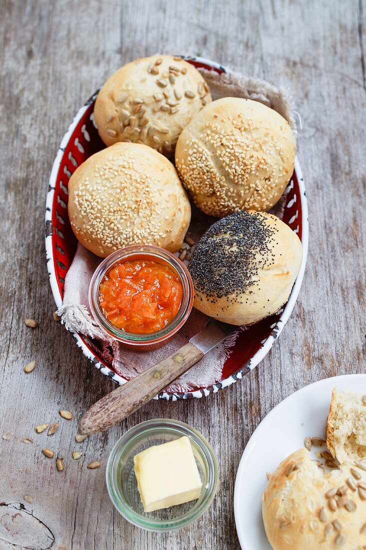 Various vegan bread rolls with carrot and papaya chutney