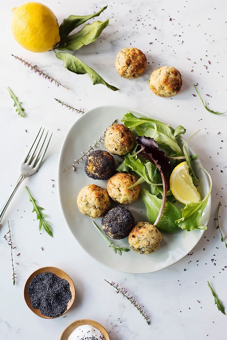 Vegetarian balls with fresh salad on the table top view