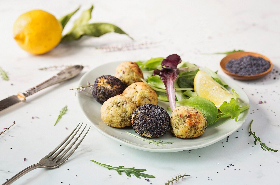 Vegetarian balls with fresh salad on the table