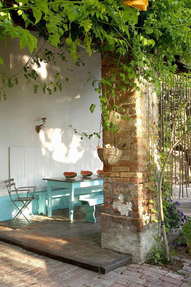 Pale blue furniture on roofed terrace covered in climbing plants