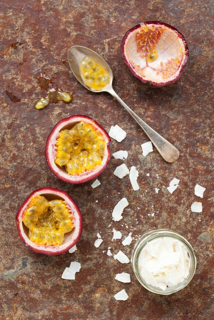 Passionfruit and coconut flakes