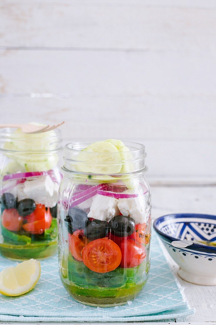 Greek salad in a glass jar