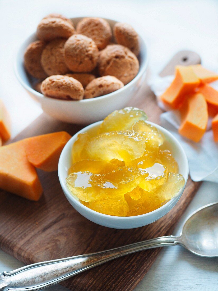 Mostarda Mantovana candied apple fruit with mustard pumpkin and Amaretti cookies traditional ingredients of tortelli di zucca pasta Mantova (Lombardy, Italy)