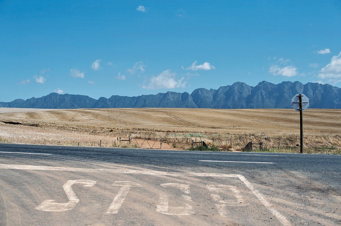 The N2 road near Greyton with a view of the Riviersonderend mountain range in Cape Town, South Africa