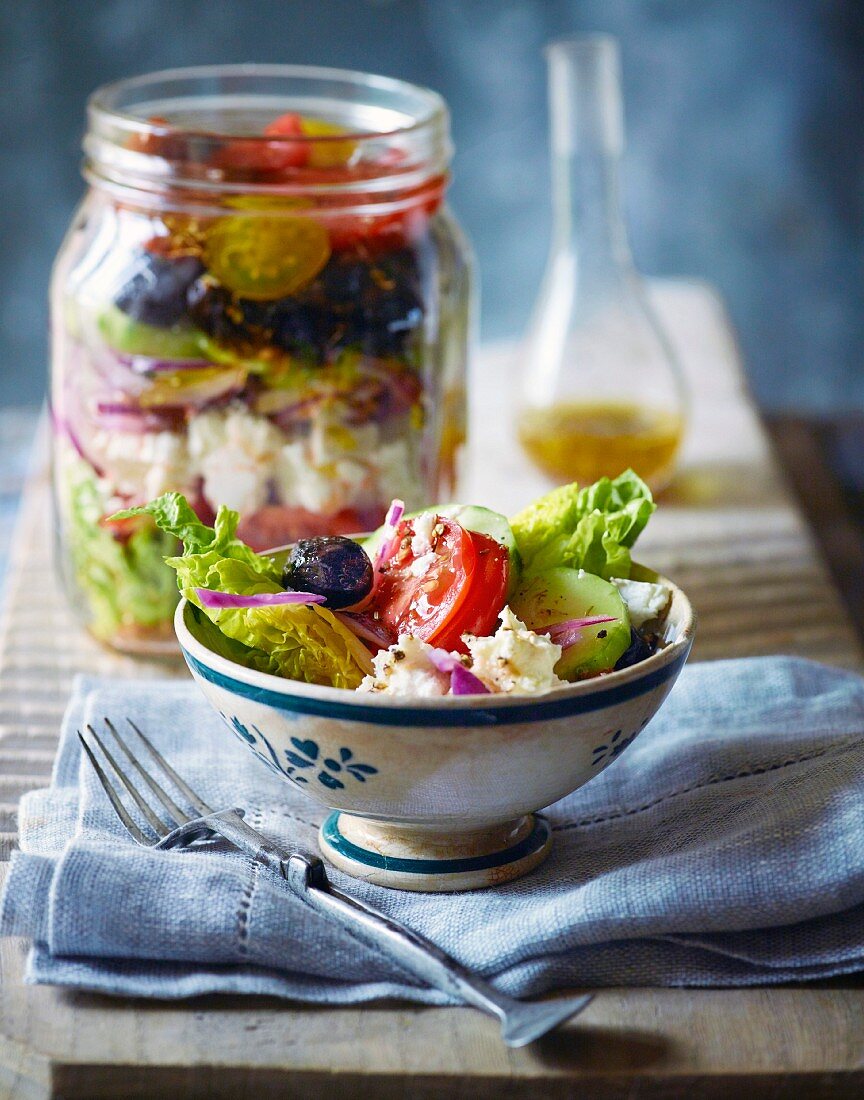 Greek feta salad in a jar