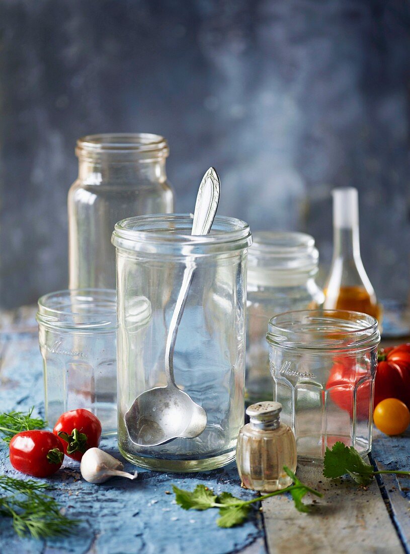 Various empty glass jars