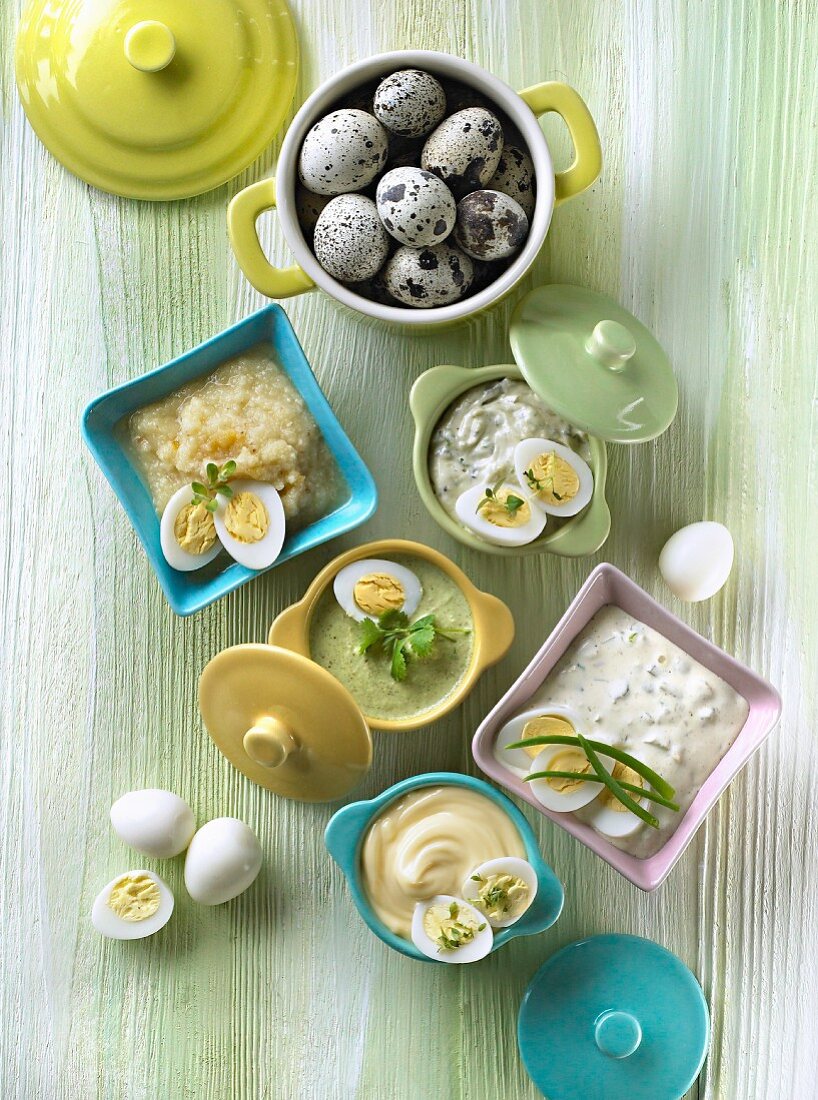 Partridge eggs with five sauces - mayo, horsradish, sour cream, sheese, nuts and coliander