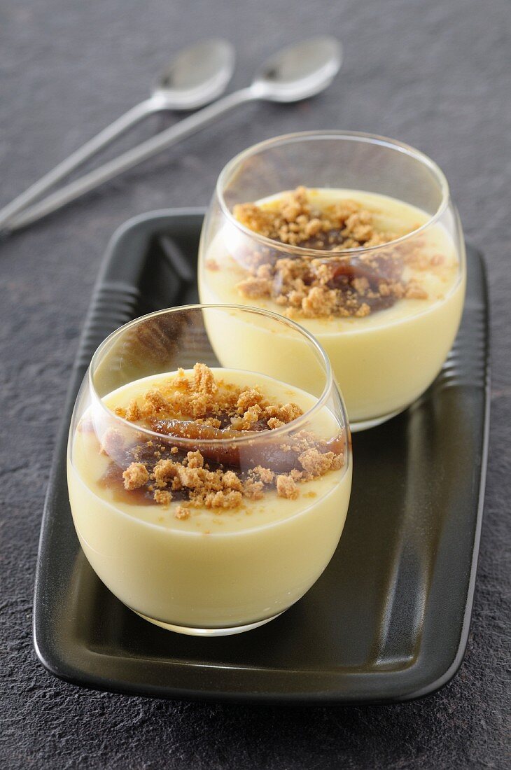 Panna cotta with chestnut cream and Spekulatius spiced Christmas biscuit topping