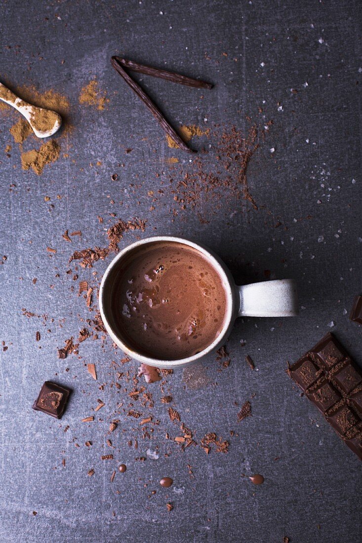 Heiße Schokolade mit Zutaten (Schokoladenstücke, Zimt, Vanilleschote und Meersalz)
