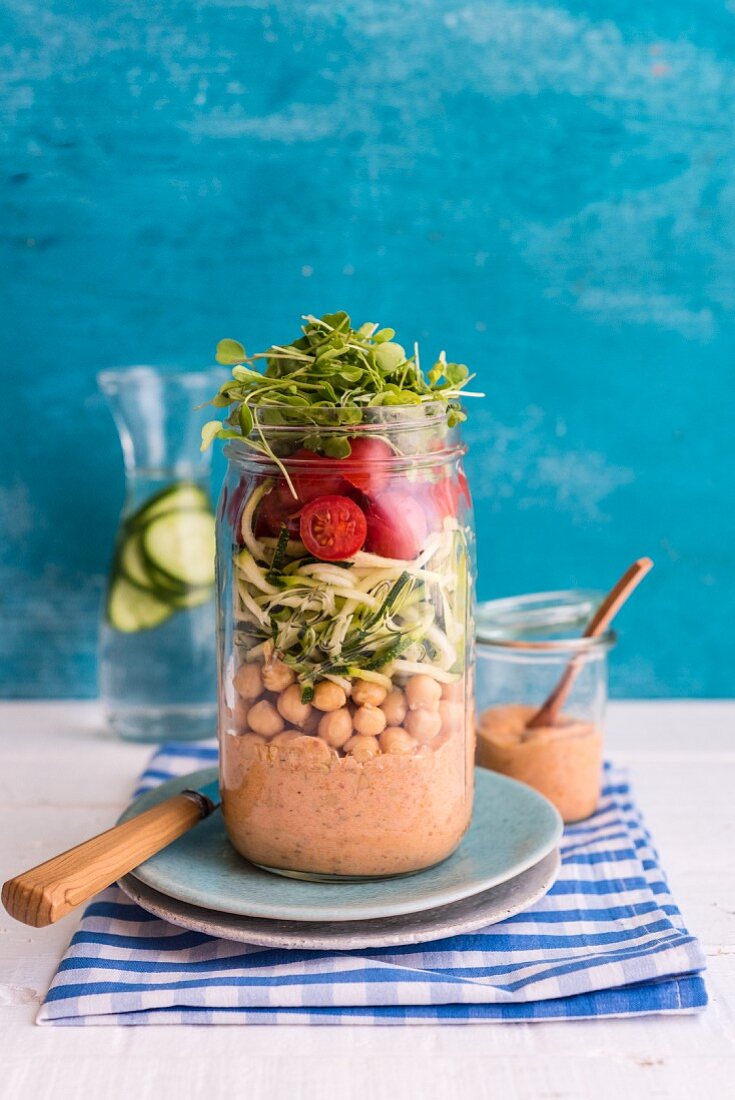 Chickpea and Zoodle Salad with Harissa Yogurt Dressing in a Jar