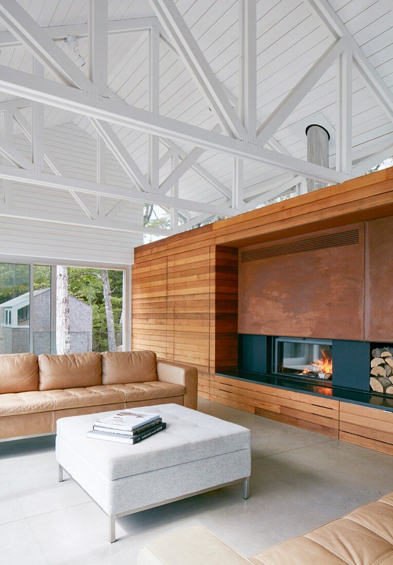 Living room in modern, architect-designed house with exposed roof structure