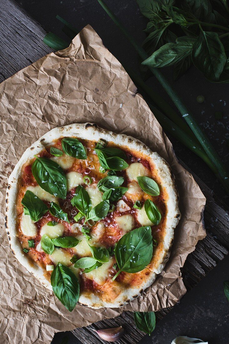 Selbstgemachte Pizza mit Tomaten, Bocconcini und Basilikum (Aufsicht)