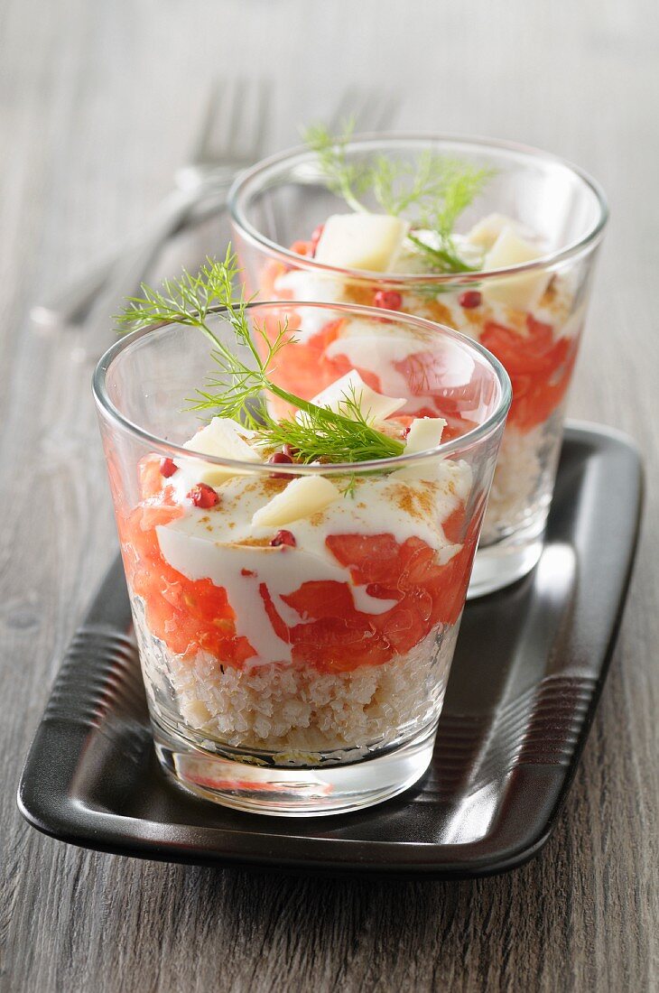 Crab verrine with tomatoes, fresh cheese and parmesan